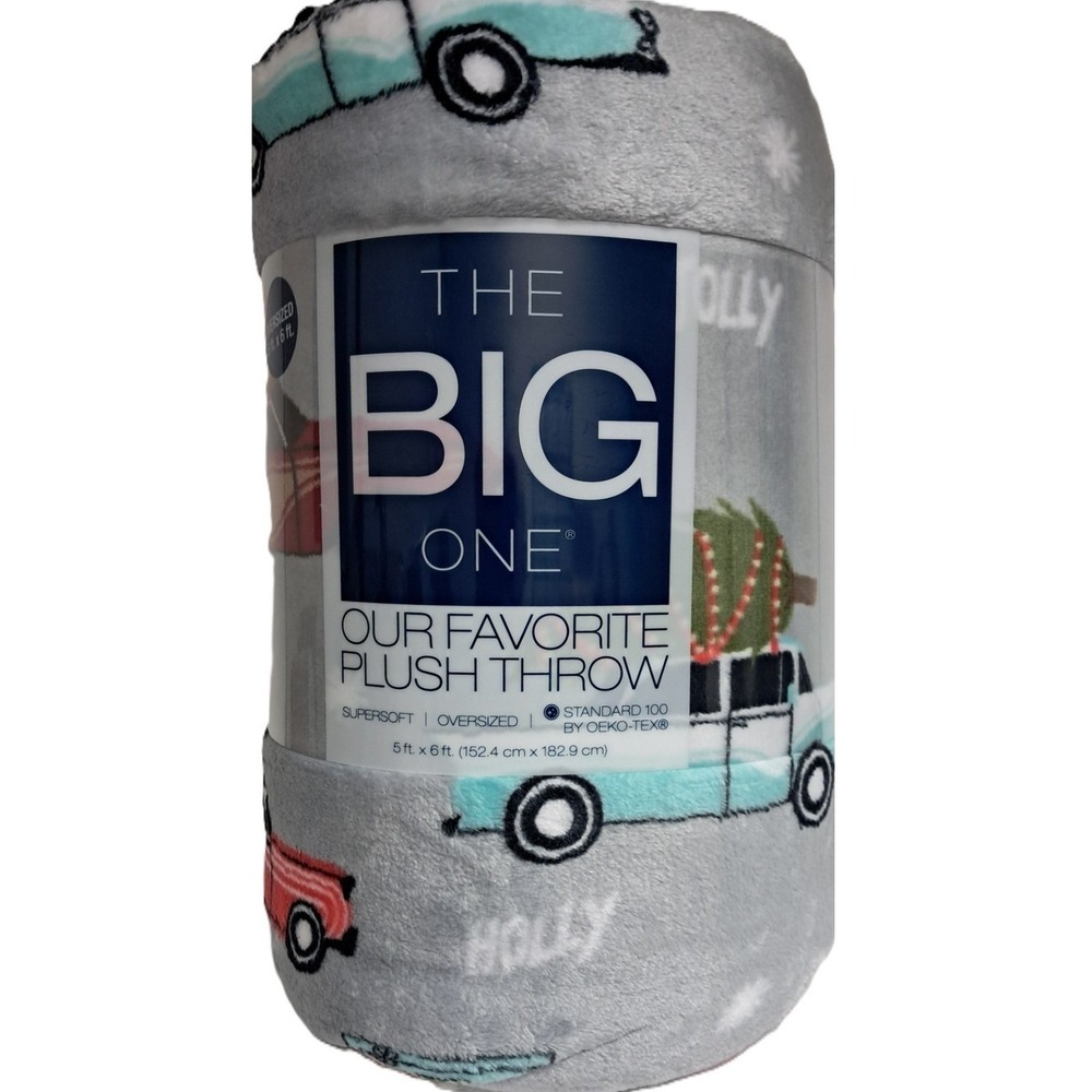 Christmas Plush Throw Blanket 5' x 6', Soft and Cozy, Gray, Multicolor Trucks